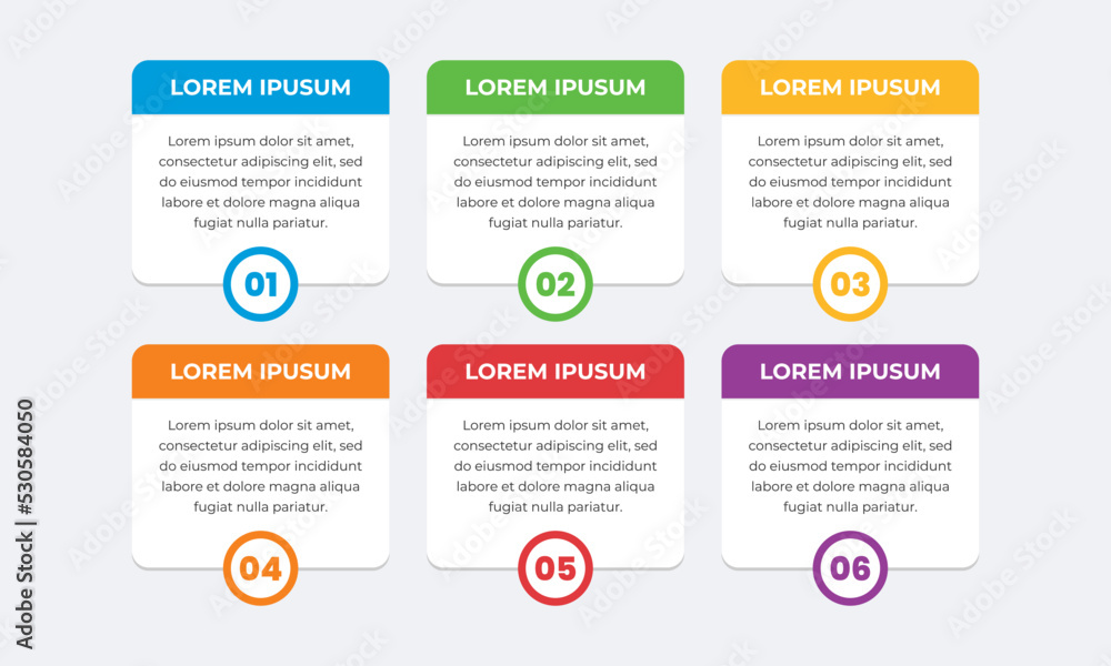 Colourful infographic steps with text boxes. Business concept with 6 steps. Colourful infographic steps with text boxes. Business concept with 6 steps.