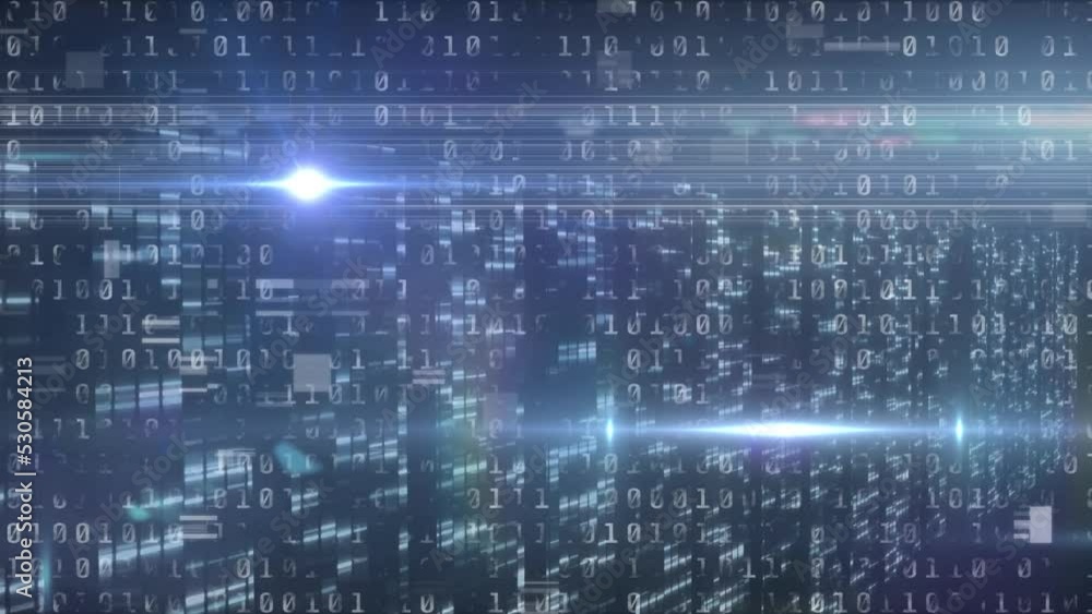 Animation of blue glowing light over data processing and flashing servers on black background Animation of blue glowing light over data processing and flashing servers on black background