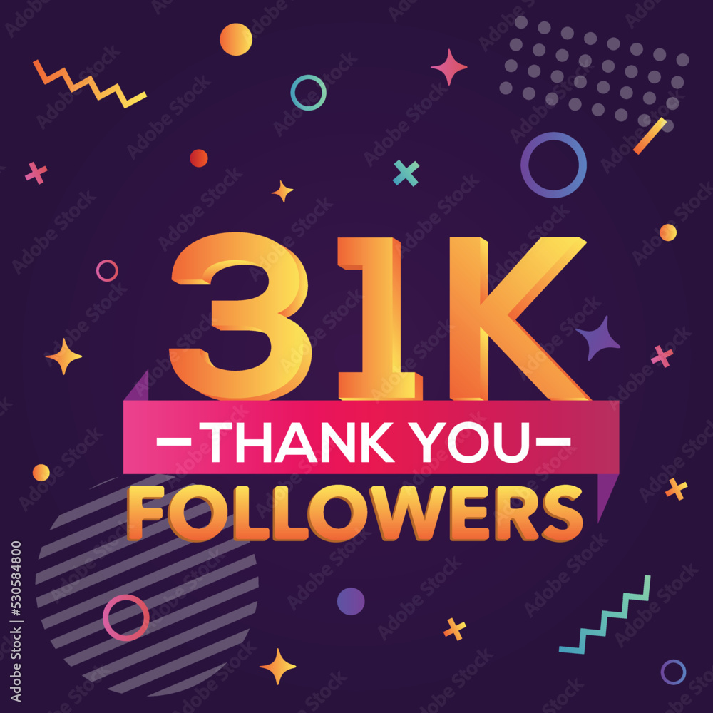 Thank you 31000 followers, thanks banner.First 31K follower congratulation card with geometric figures, lines, squares, circles for Social Networks.Web blogger celebrate a large number of subscribers. Thank you 31000 followers, thanks banner.First 31K follower congratulation card with geometric figures, lines, squares, circles for Social Networks.Web blogger celebrate a large number of subscribers.