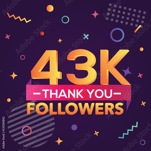 Thank you 43000 followers  thanks banner.First 43K follower congratulation card with geometric figures  lines  squares  circles for Social Networks.Web blogger celebrate a large number of subscribers.