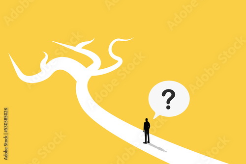 confusing businessman looking at multiple road with question mark and thinking which way to go. Business decision making, career path, work direction or choose the right way to success concept.