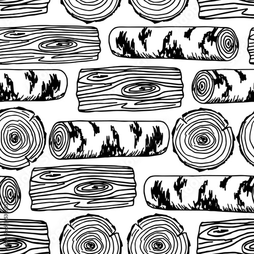 Simple hand-drawn vector black and white seamless pattern. Round saw cut of a tree, birch log, texture board, firewood. For prints, textile packaging products. Ink sketch.