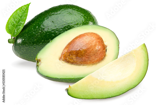 fresh avocado with slices and green leaf isolated on white background. clipping path