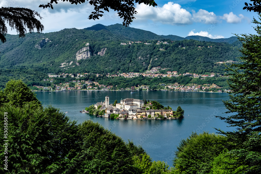 Orta lake with San Giulio island seen from the famous and picturesque ...