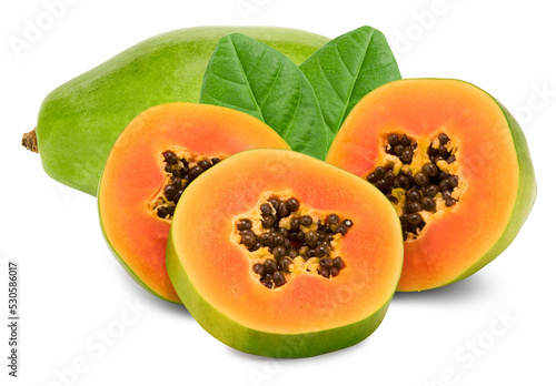 ripe papaya fruit with slices isolated on white background. exotic fruit. clipping path