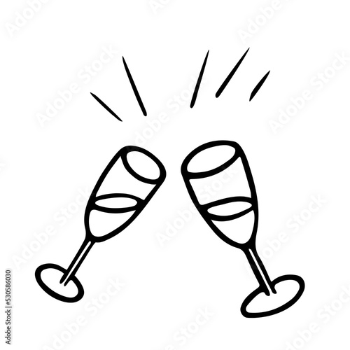 Wine or champagne glasses, hand-drawn elements, Cheers toast in sketch doodle style.Festive design for New Year 2023 or Christmas holiday, drawing by ink.Traditional alcohol fun.Isolated. Vector