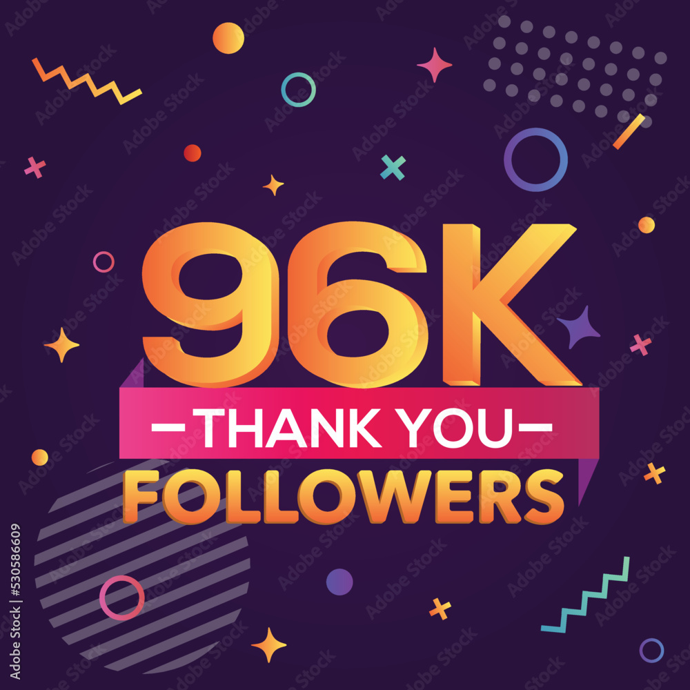 Thank you 96000 followers, thanks banner.First 96K follower congratulation card with geometric figures, lines, squares, circles for Social Networks.Web blogger celebrate a large number of subscribers. Thank you 96000 followers, thanks banner.First 96K follower congratulation card with geometric figures, lines, squares, circles for Social Networks.Web blogger celebrate a large number of subscribers.