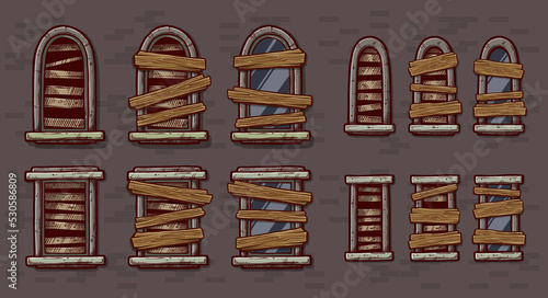 Cartoon windows with glass in a frame closed with wooden planks on a brick wall. Facade elements for house exterior. Vector icons set.