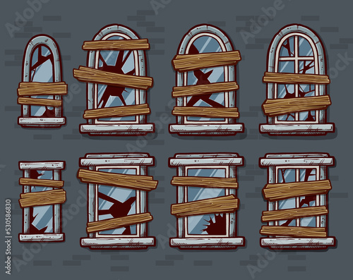 Cartoon windows with broken glass in a frame closed with wooden planks on a brick wall. Facade elements for house exterior. Vector icons set.