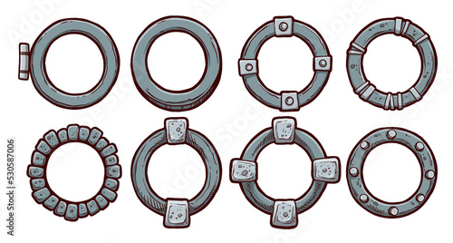 Cartoon vintage round stone different windows in a frame. Facade elements for house exterior. Vector icons set on white background.