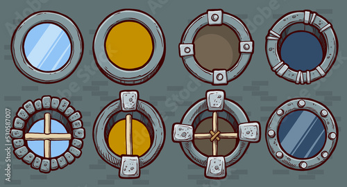 Cartoon vintage round stone different windows with glass and wooden sticks in a frame. Facade elements for house exterior. Vector icons set on white background.