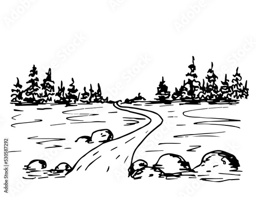 Simple hand-drawn vector sketch in ink. Wildlife of the Nordic countries, conifers, river, stones
on the shore. Landscape and nature, tourism and travel.