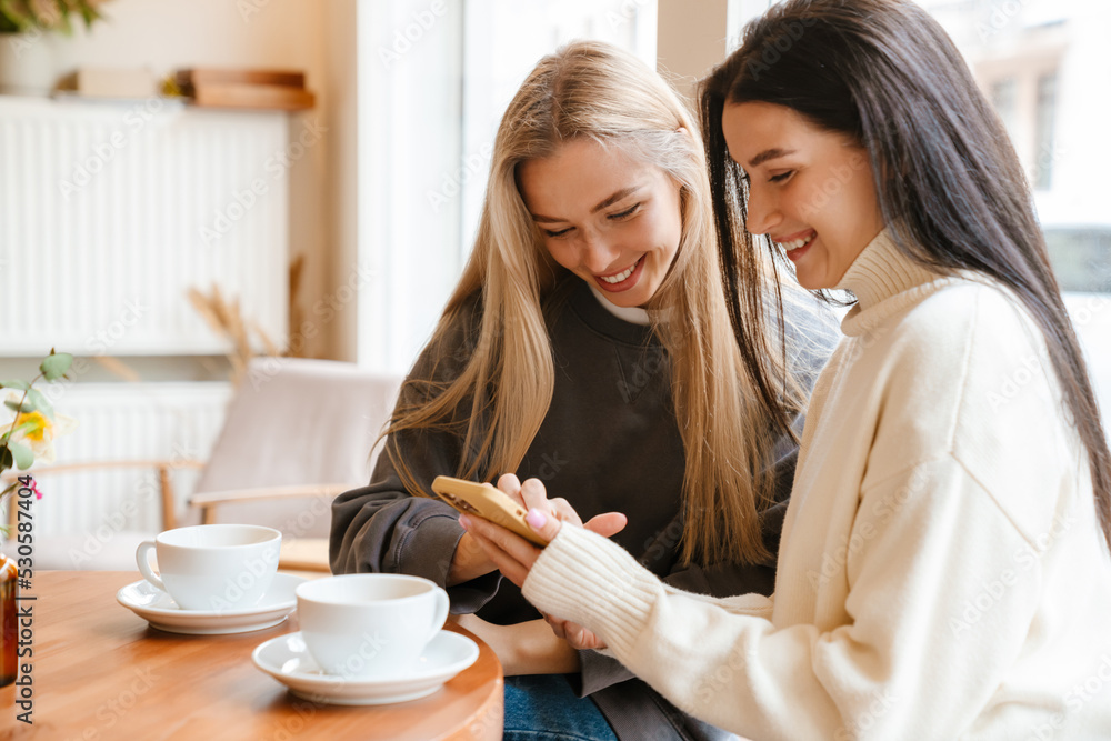 Two young women smiling and using mobile phone while sitting at cafe Two young women smiling and using mobile phone while sitting at cafe
