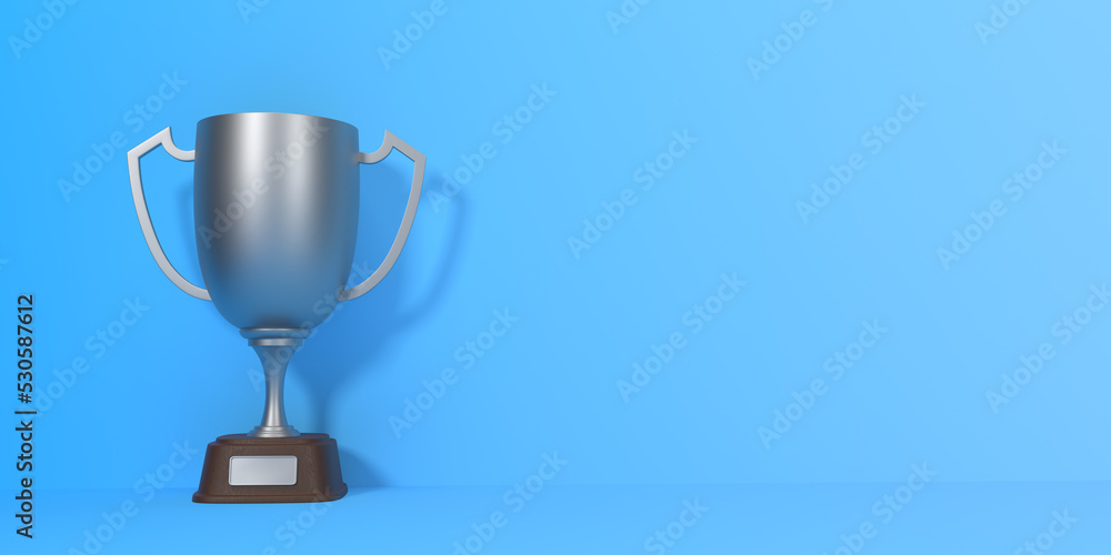 Trophy cup on blue background with copy space. Sport tournament award, silver winner cup and victory concept. 3d rendering illustration Trophy cup on blue background with copy space. Sport tournament award, silver winner cup and victory concept. 3d rendering illustration