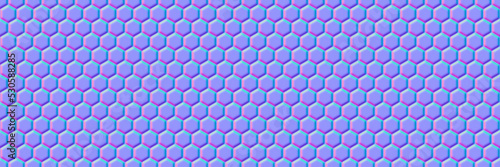 Normal map of honey comb or metal grid seamless pattern. Bump mapping of regular hive cell texture. Hexagon geometry material 3d rendering shader illustration
