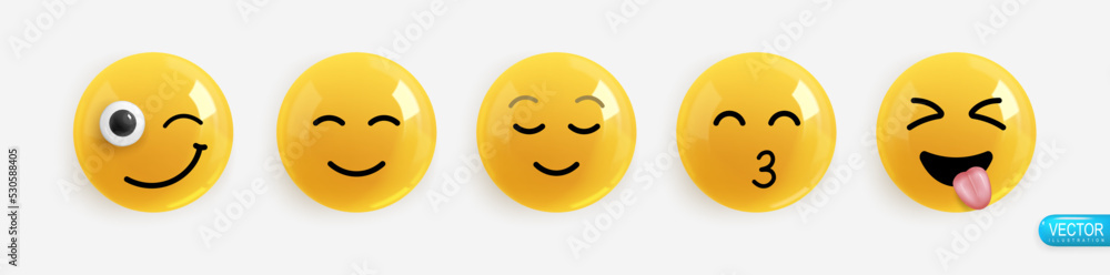 Fototapeta premium Emotion Realistic 3d Render. Set Icon Smile Emoji. Vector yellow glossy emoticons.