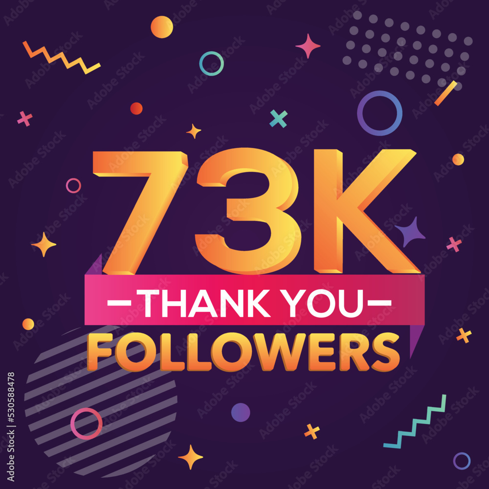 Thank you 73000 followers, thanks banner.First 73K follower congratulation card with geometric figures, lines, squares, circles for Social Networks.Web blogger celebrate a large number of subscribers.