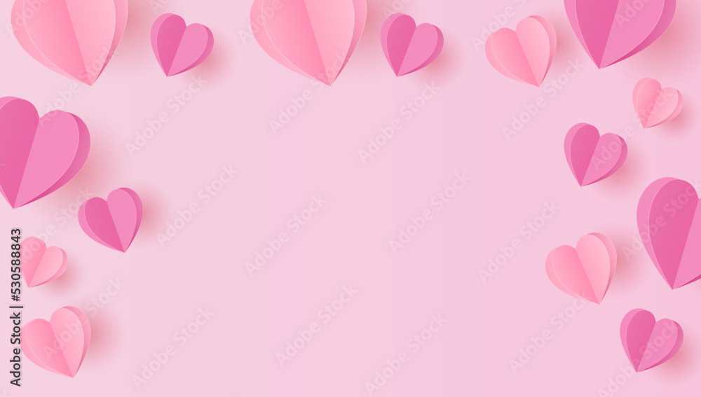 Paper cut of heart shape on pink background. Valentine's background with copy space for your text. Vector illustration