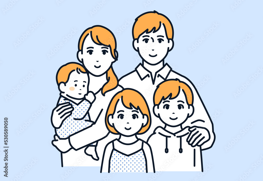 5人家族：若い夫婦と赤ちゃんと子供2人のシンプルなベクターイラスト素材