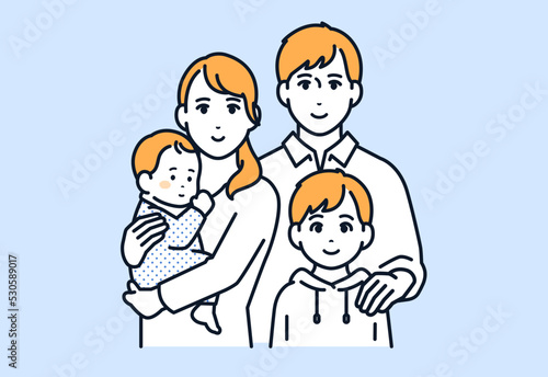 若い夫婦と赤ちゃんと子供1人の4人家族のシンプルなベクターイラスト素材