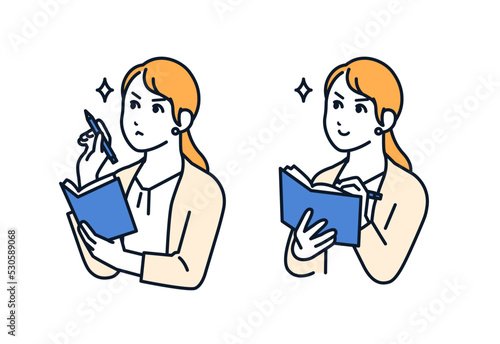 メモを取る若い女性のシンプルなベクターイラストセット素材
