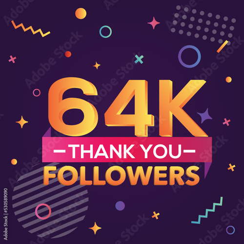 Thank you 64000 followers  thanks banner.First 64K follower congratulation card with geometric figures  lines  squares  circles for Social Networks.Web blogger celebrate a large number of subscribers.