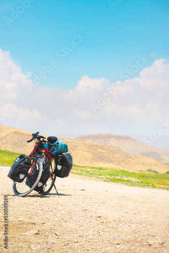 Bicycle standing on countryside gravel road with no person and mountains background. Fully loaded travel around the world set up on two wheels concept © Evaldas