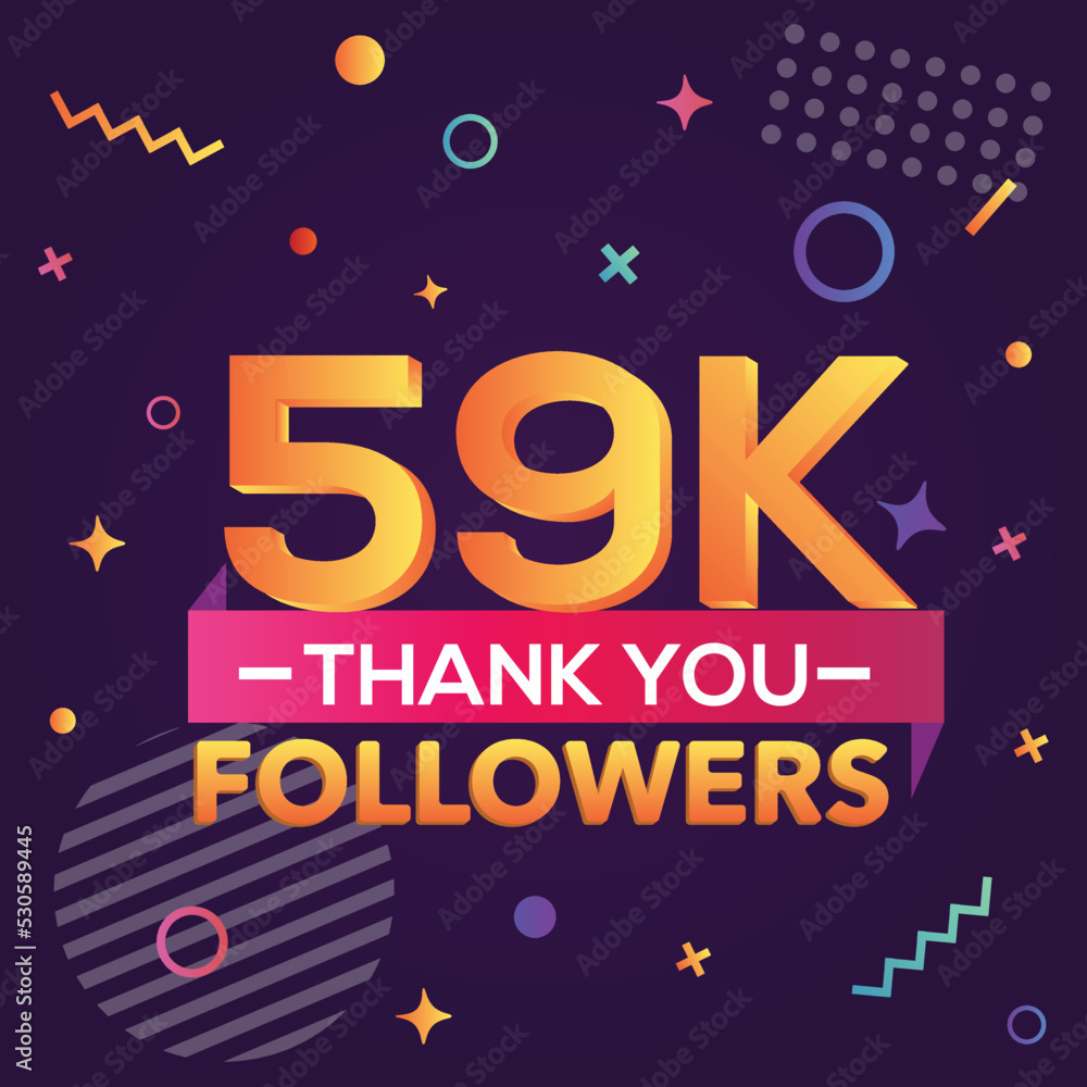 Thank you 59000 followers, thanks banner.First 59K follower congratulation card with geometric figures, lines, squares, circles for Social Networks.Web blogger celebrate a large number of subscribers.