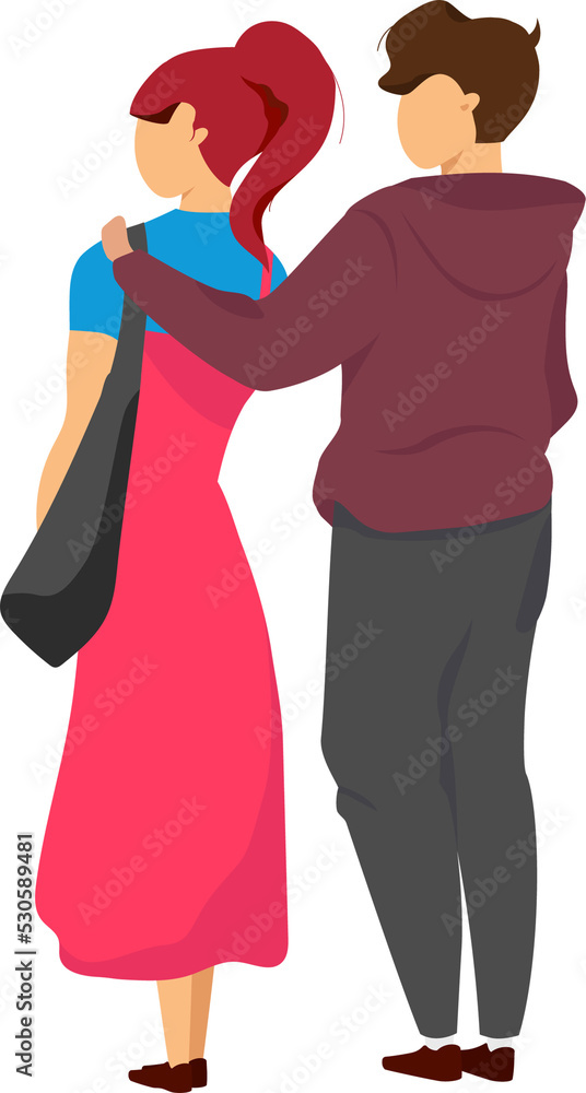Couple from back view semi flat color raster characters. Standing figures. Full body people on white. Evening date isolated modern cartoon style illustration for graphic design and animation Couple from back view semi flat color raster characters. Standing figures. Full body people on white. Evening date isolated modern cartoon style illustration for graphic design and animation