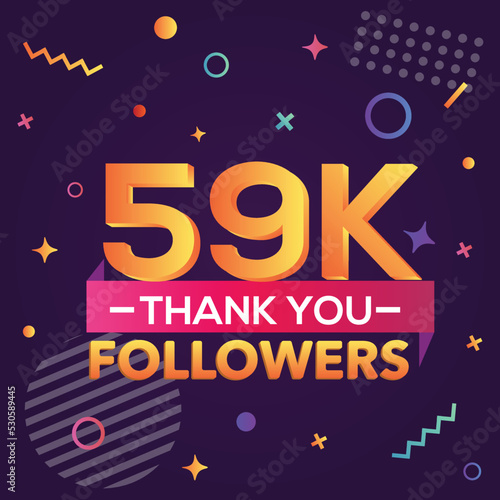 Thank you 59000 followers, thanks banner.First 59K follower congratulation card with geometric figures, lines, squares, circles for Social Networks.Web blogger celebrate a large number of subscribers.