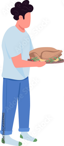 Man holding tray with turkey semi flat color raster character. Cooking figure. Full body person on white. Cookery isolated modern cartoon style illustration for graphic design and animation