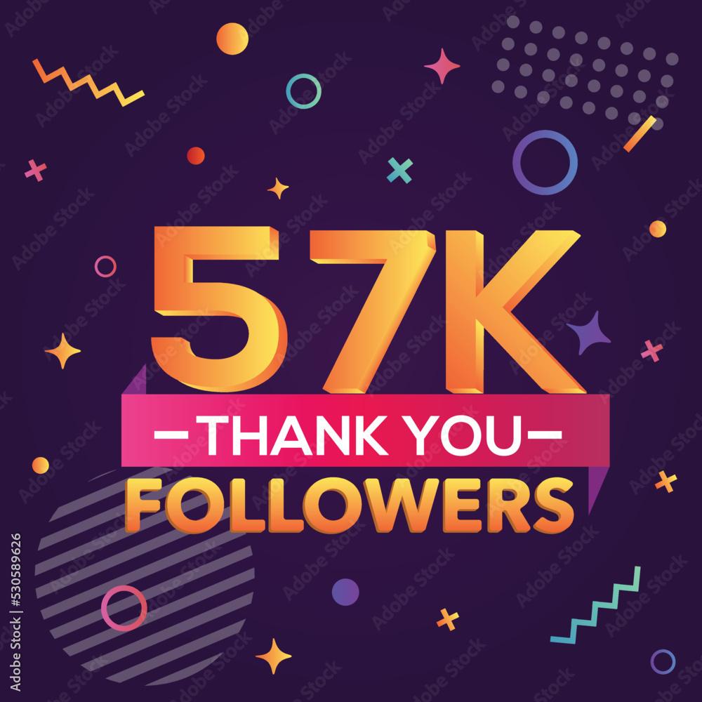 Thank you 57000 followers, thanks banner.First 57K follower congratulation card with geometric figures, lines, squares, circles for Social Networks.Web blogger celebrate a large number of subscribers.