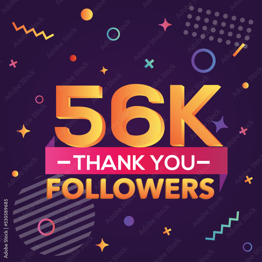 Thank you 56000 followers, thanks banner.First 56K follower congratulation card with geometric figures, lines, squares, circles for Social Networks.Web blogger celebrate a large number of subscribers.