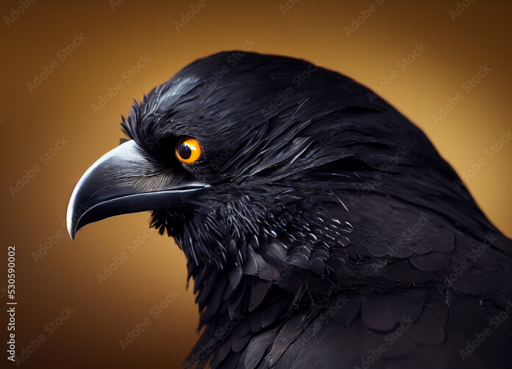 Close up black head of a black crow, realistic illustration Close up black head of a black crow, realistic illustration