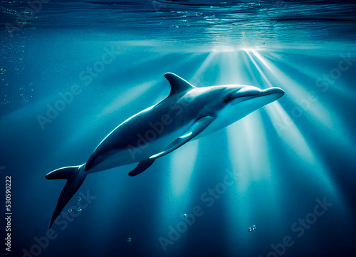 Dolphin swimming under the surface of the water in the sea, fantasy illustration © XaMaps
