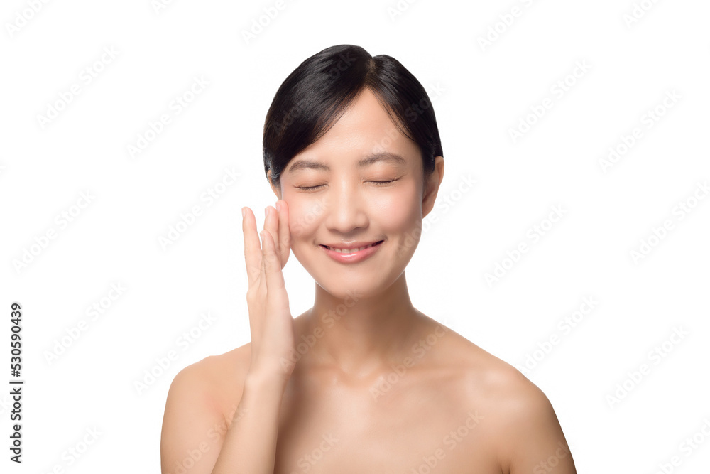 Portrait healthy pretty young woman isolated on white background. beautiful female model person applying cosmetic cream for skincare on fresh makeup clean face. spa, treatment, wellness concept. Portrait healthy pretty young woman isolated on white background. beautiful female model person applying cosmetic cream for skincare on fresh makeup clean face. spa, treatment, wellness concept.