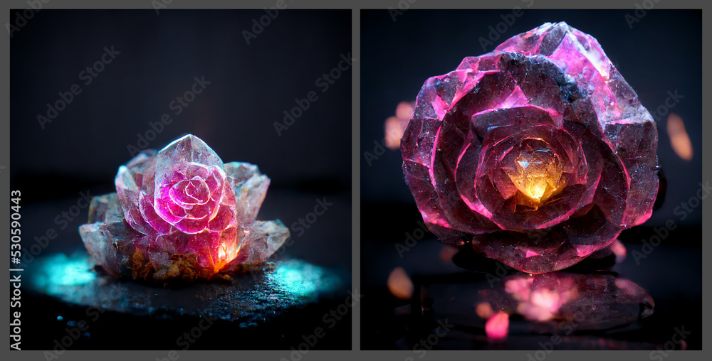 Crystal rose flowers. Ai generated magic bloom, mystical glowing gems.  Beautiful Midjourney digital design Stock Illustration | Adobe Stock