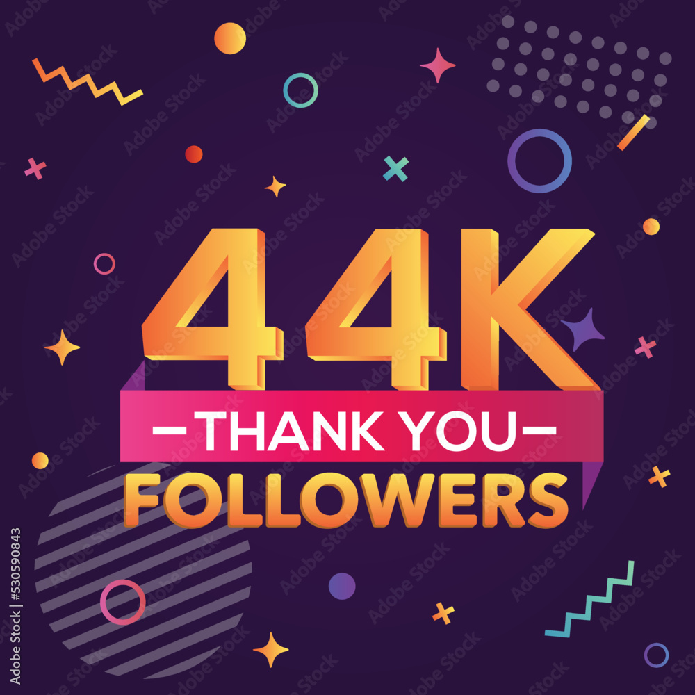 Thank you 44000 followers, thanks banner.First 44K follower congratulation card with geometric figures, lines, squares, circles for Social Networks.Web blogger celebrate a large number of subscribers.