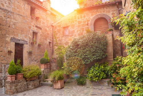 Picturesque building in medieval town in Tuscany  Italy. Old stone walls and plants