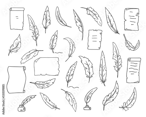 Bird feather quills and scroll parchment paper sheets set, writing ink pens and curved papyrus letter documents collection, hand drawn outline, doodle sketch. Isolated. Vector illustration
