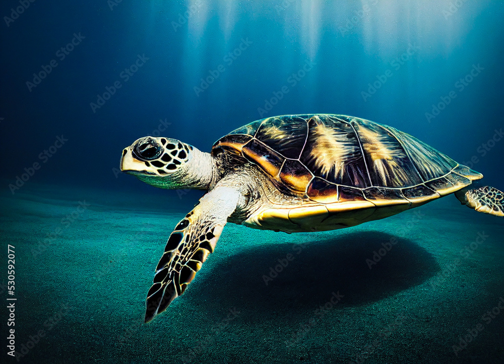 Sea turtle swimming under the surface of the sea, in the water, symbol of the life to protect at the bottom of the oceans, alone