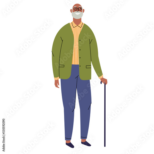 Senior black man, aged grandfather moving with help of walking cane. Elderly grey haired male character isolated on white background. Flat style, vector illustration.