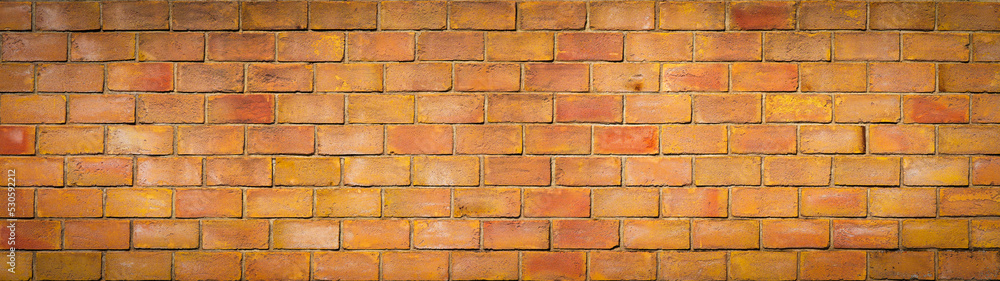 Fototapeta premium Orange damaged rustic brick wall brickwork stonework masonry texture background banner panorama wide pattern