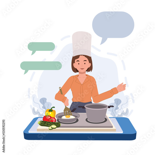 Online cooking video concept, culinary class service on smartphone app. Chef teacher preparing food. Vector illustration