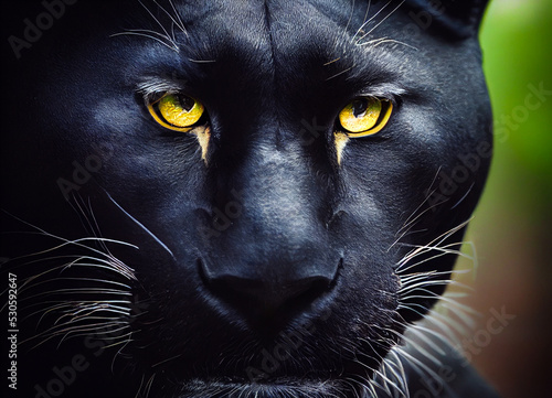 Black panther head, wild African cat with yellow eyes, protected species in danger