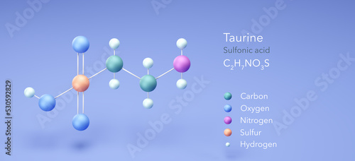 taurine, molecular structures, sulfonic acid, 3d model, Structural Chemical Formula and Atoms with Color Coding