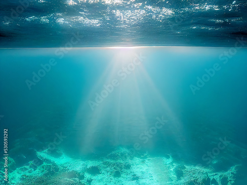 Dark blue ocean. Underwater background and undersea light rays shine