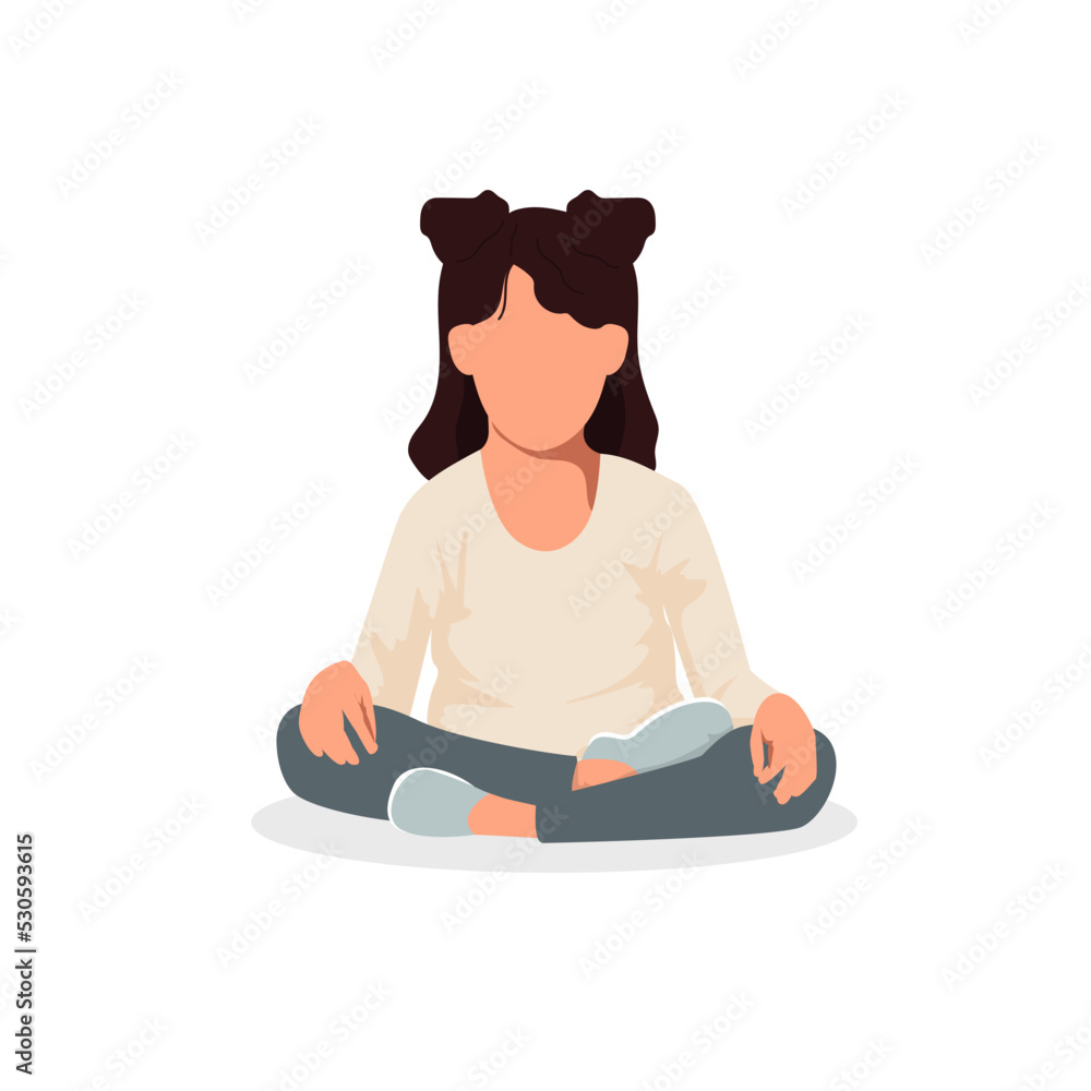 Little cute girl meditating isolated on the white background. Vector illustration with sports activity, training or fitness workout for kids Little cute girl meditating isolated on the white background. Vector illustration with sports activity, training or fitness workout for kids