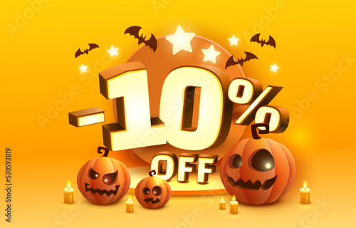 Halloween special 10 off sale banner, promotion flyer, marketing label. Vector