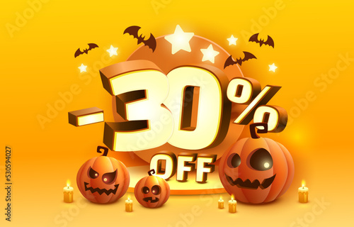 Halloween special 30 off sale banner, promotion flyer, marketing label. Vector